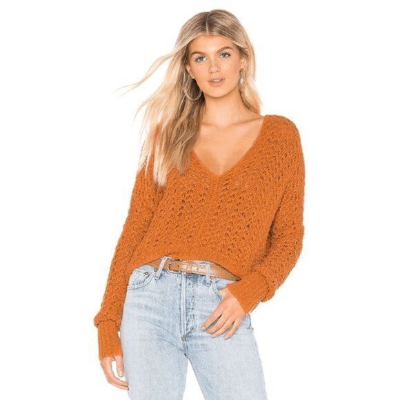Free People Best Of You Sunset Orange Open Knit V Neck Sweater Medium - Picture 8 of 9